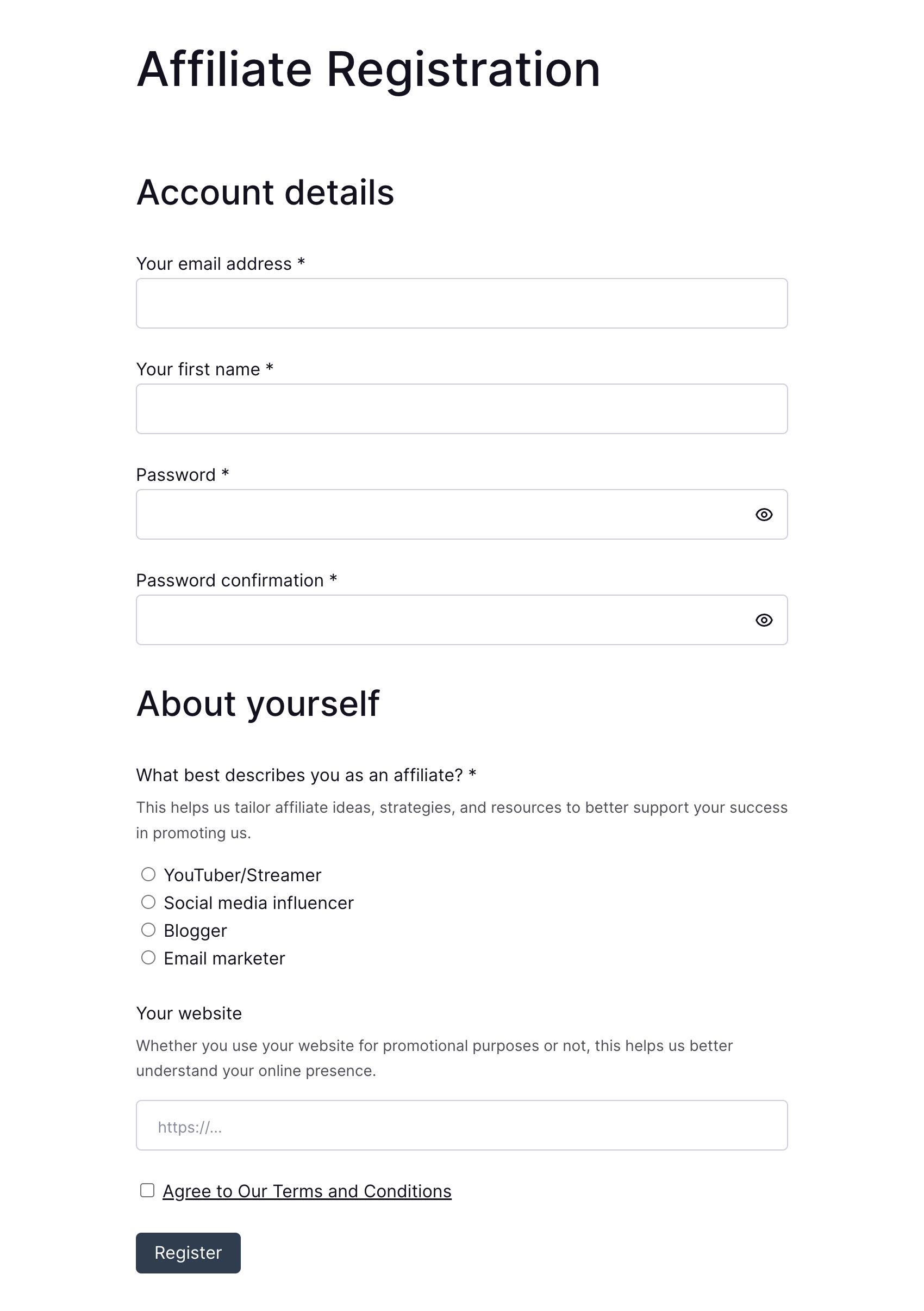A customized affiliate registration form that can be created with SliceWP.