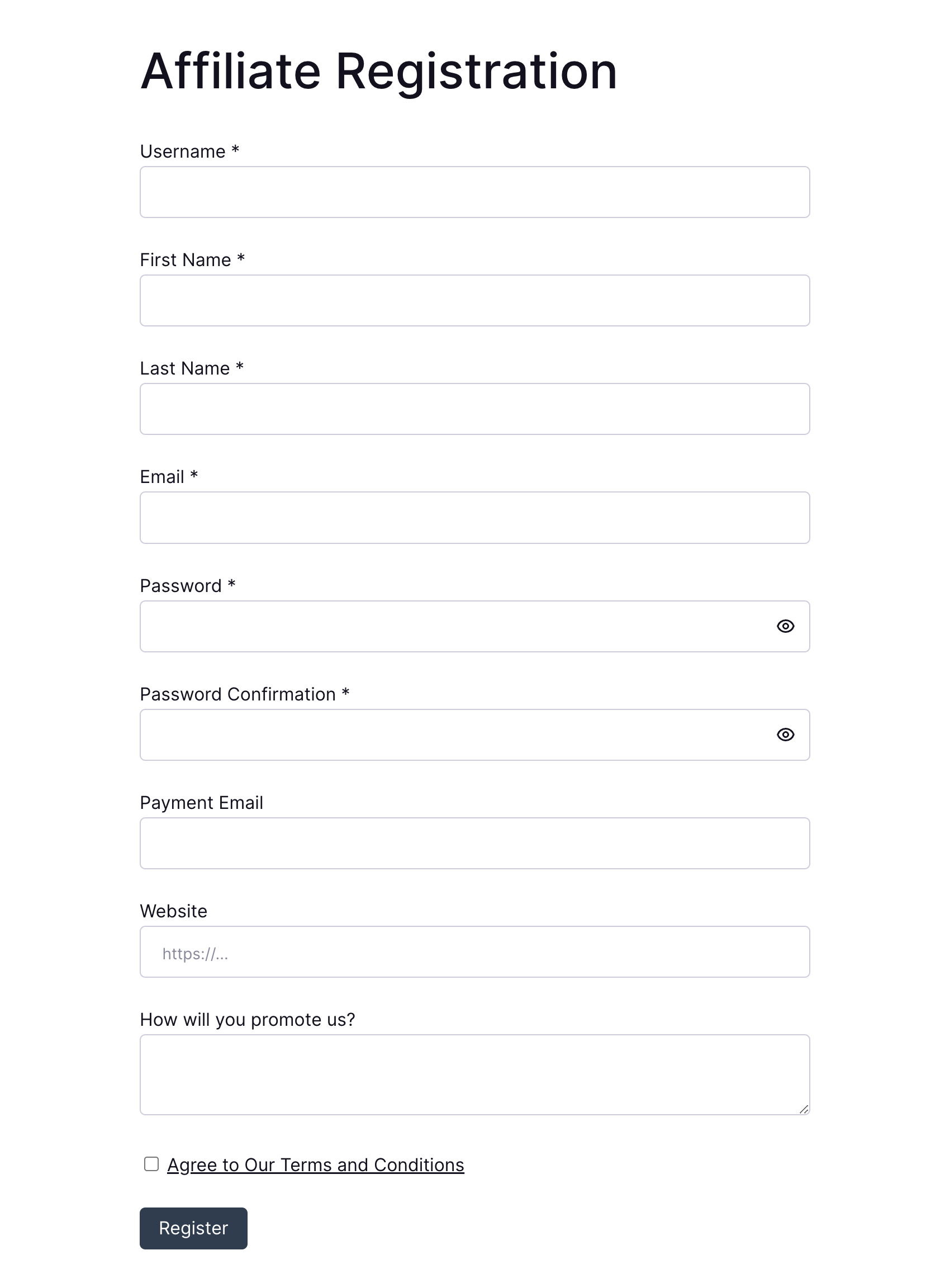 The default affiliate registration form that SliceWP outputs.