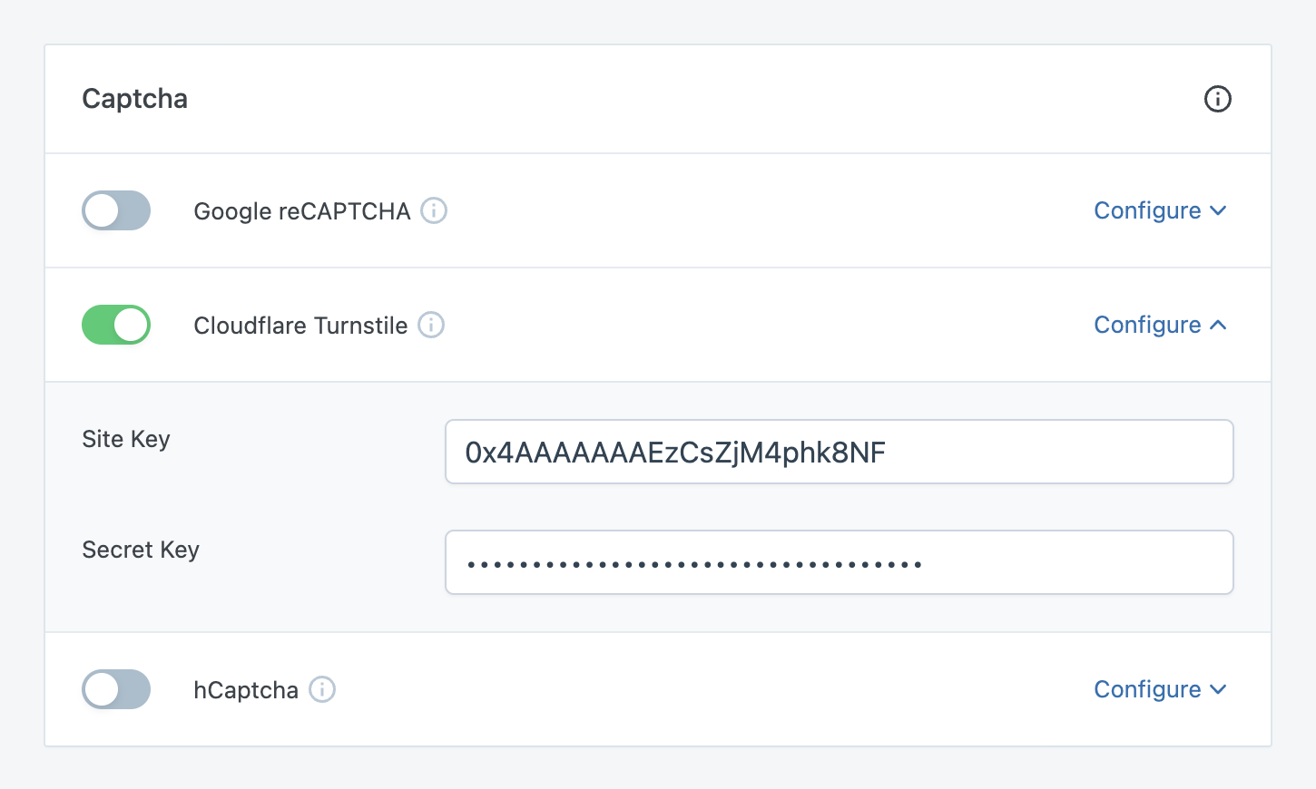 The API settings panel for Cloudflare Turnstile in SliceWP