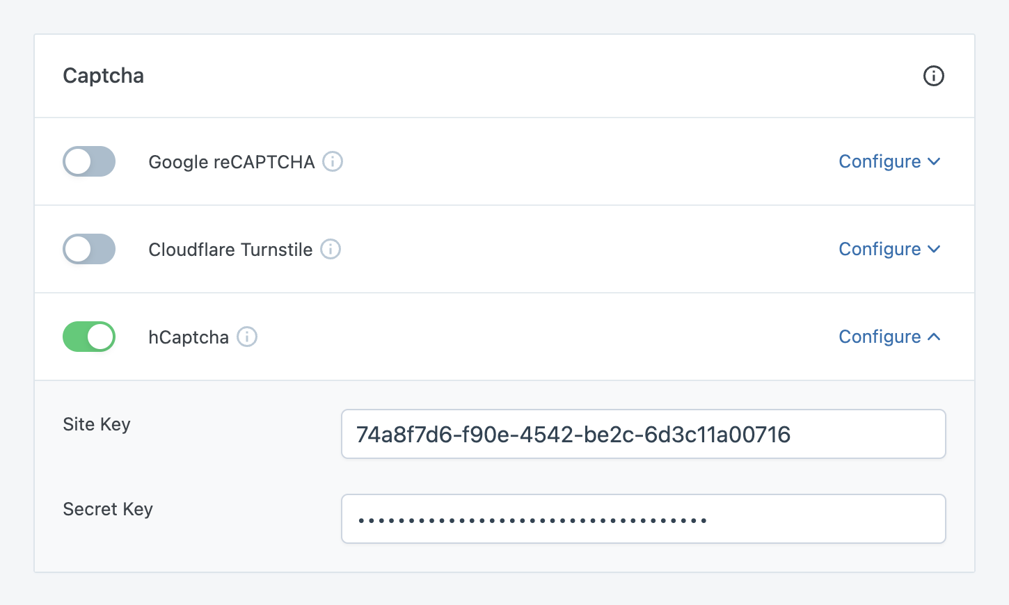 The API settings panel for hCaptcha in SliceWP